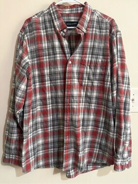 Red and Gray Plaid Button-Down Shirt - Men's Casual